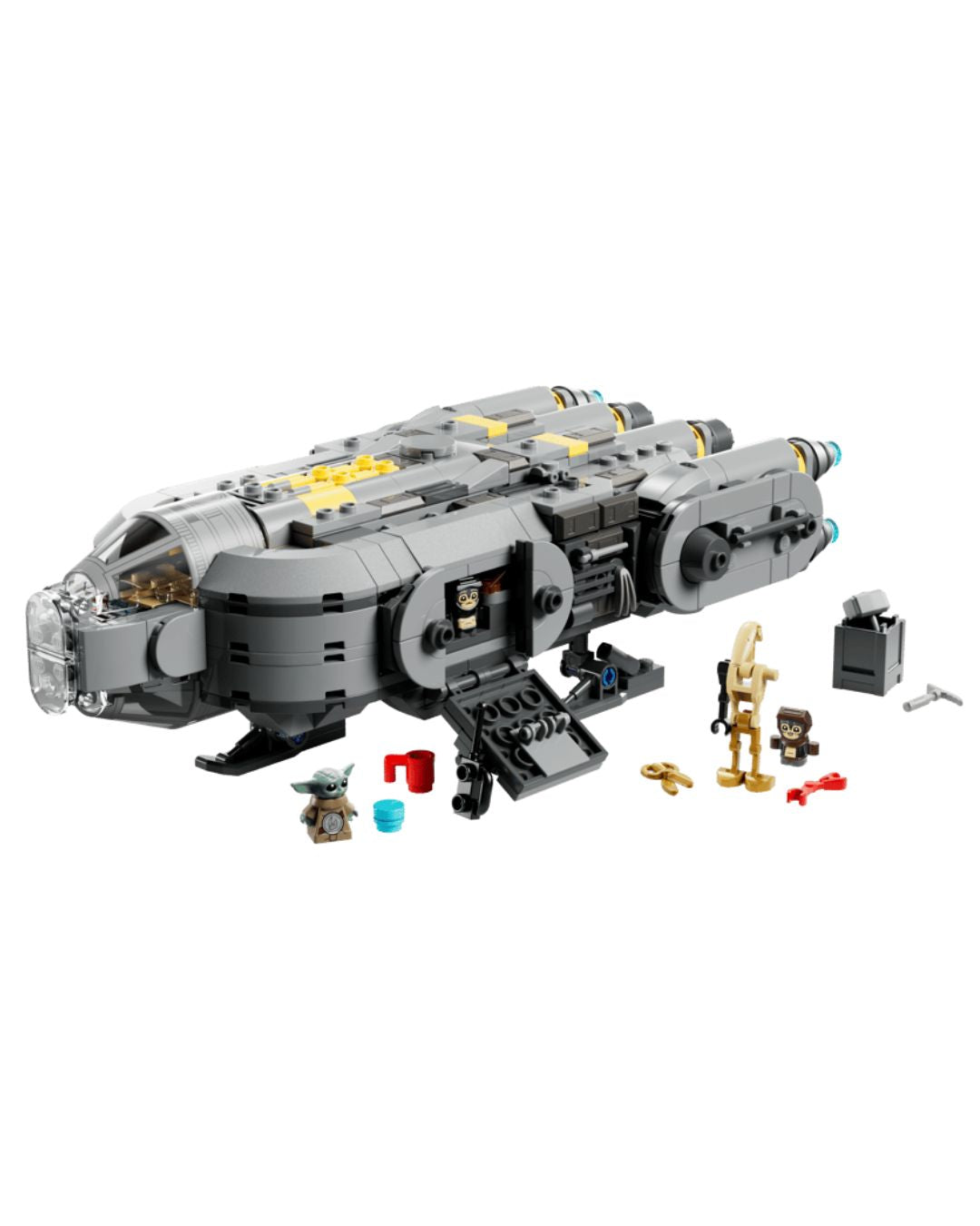 Toy spaceship model with figures on a white background