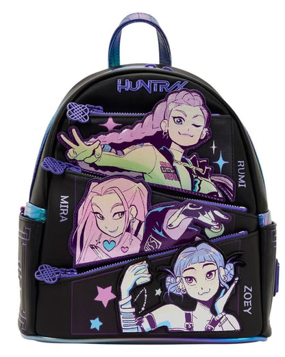 Black backpack with character illustrations and names on a white background
