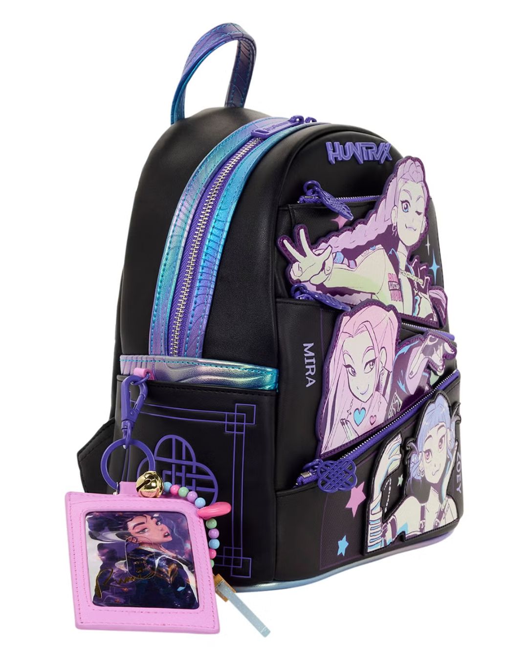 Black backpack with character designs and a pink accessory on a white background