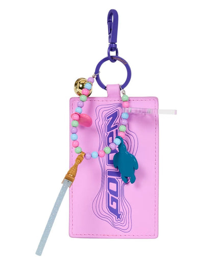 Pink keychain with colorful beads and a blue character on a white background
