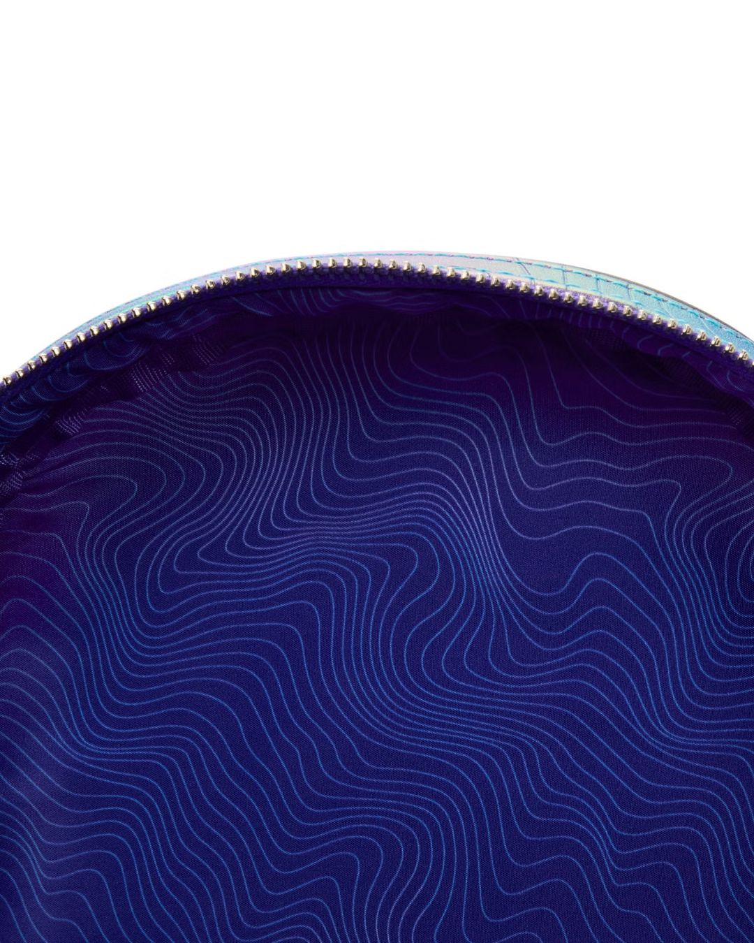 Close-up of a blue pouch with wavy pattern on a white background