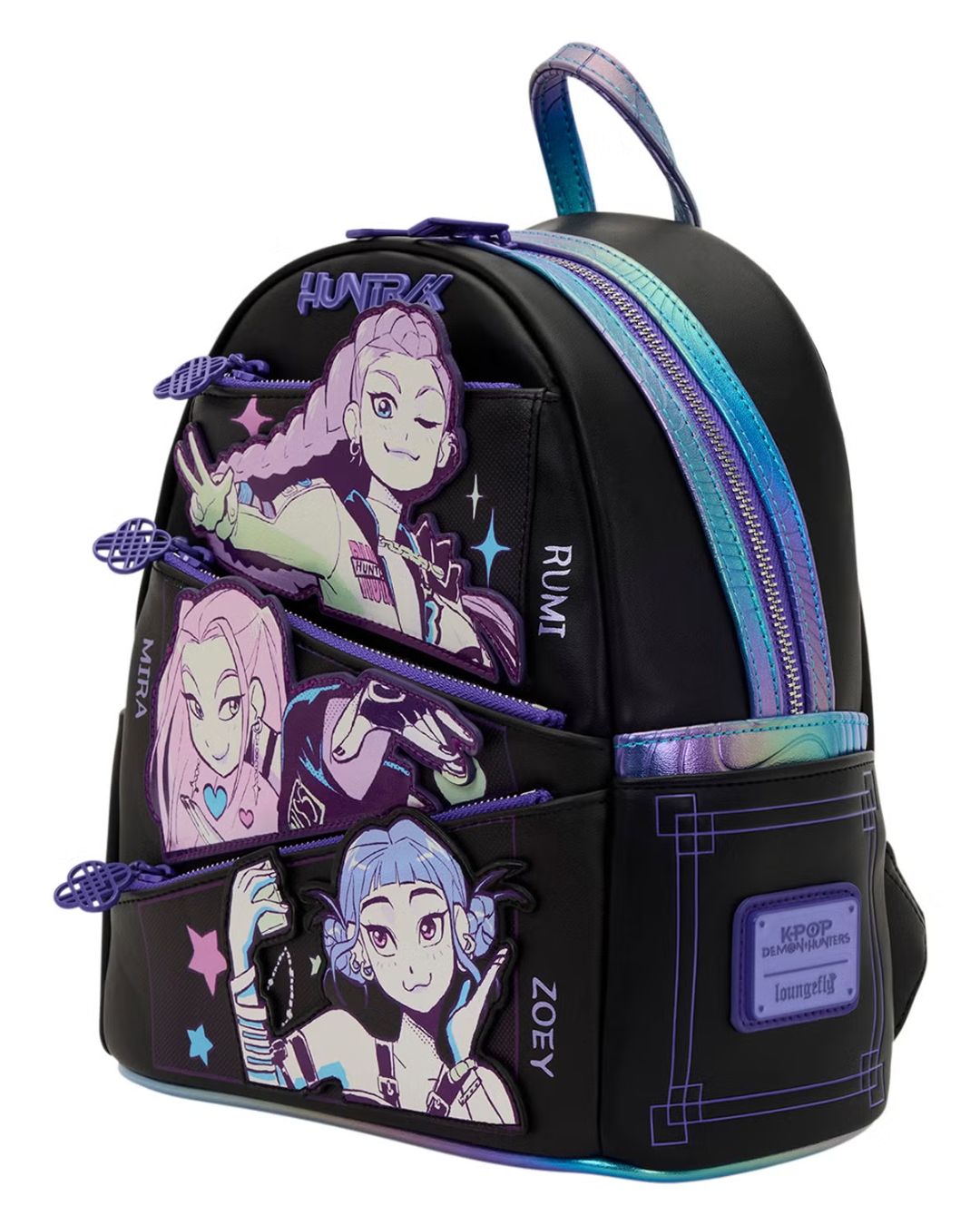 Black backpack with animated character designs on a white background
