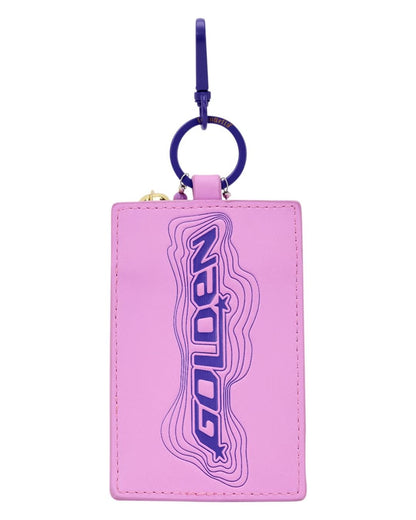 Pink cardholder with 'GOLDEN' branding on a white background