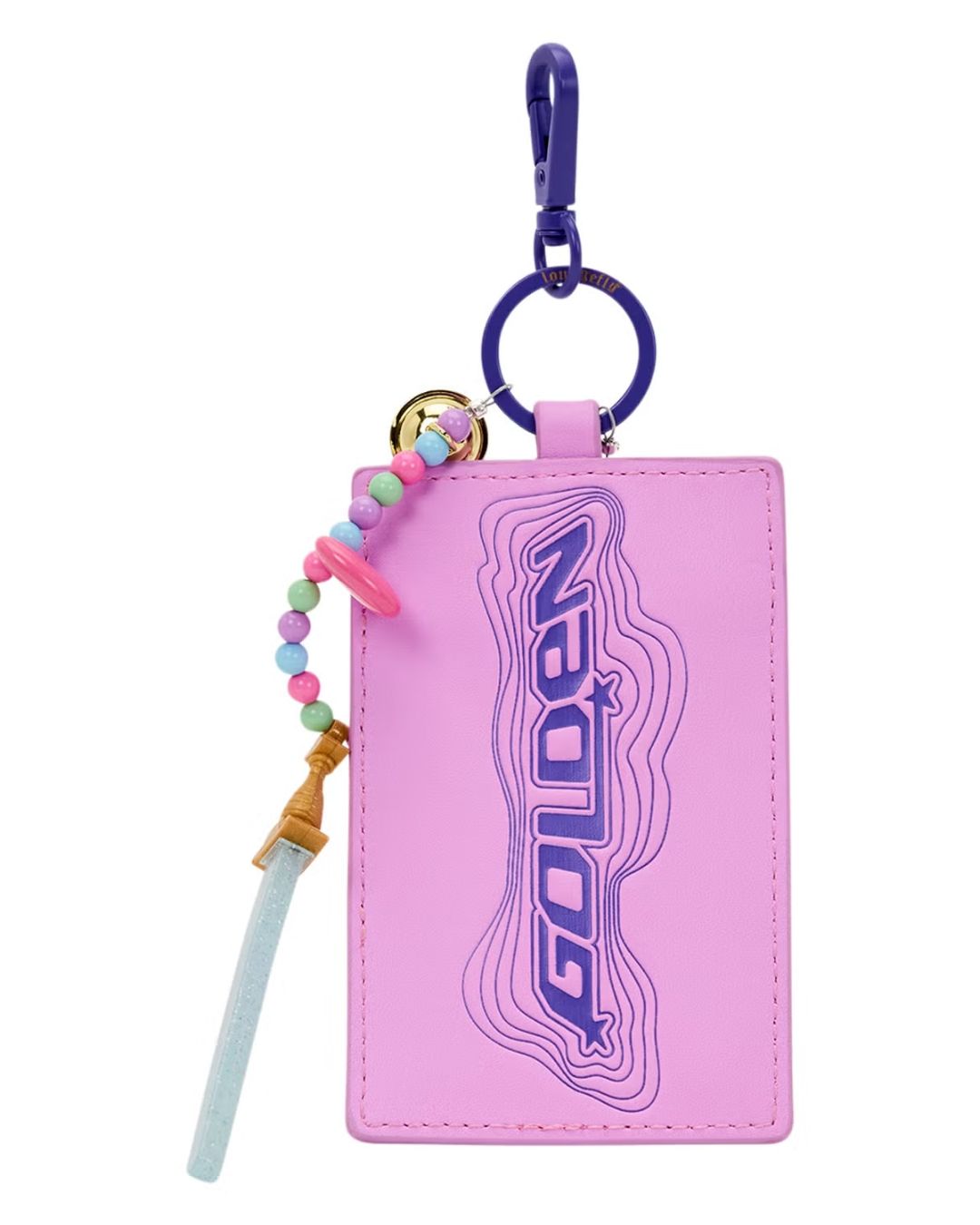 Pink keychain with 'Golden' logo and colorful charm on a white background