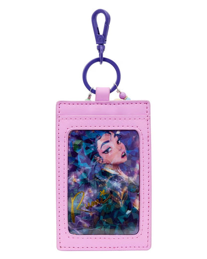 Pink cardholder with a character design on a white background