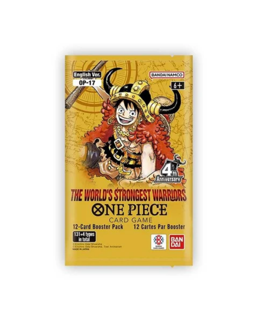 One Piece Card Game booster pack, GP-17 English Version, featuring a yellow background with an illustration of a character in a horned helmet and a 4th Anniversary badge. The Bandai and Bandai Namco logos are visible.
