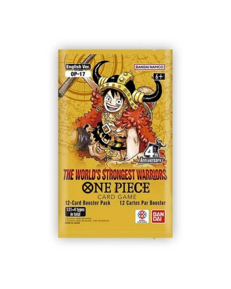 One Piece Card Game booster pack, GP-17 English Version, featuring a yellow background with an illustration of a character in a horned helmet and a 4th Anniversary badge. The Bandai and Bandai Namco logos are visible.
