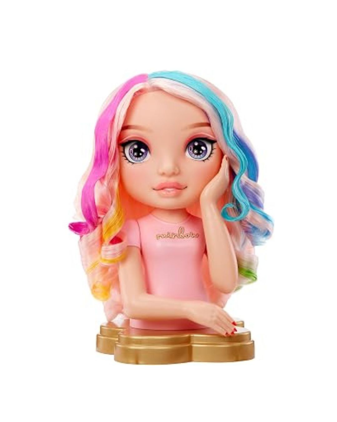 A collectible doll bust featuring a girl with vibrant pink, blue, and yellow hair, wearing a pink shirt with gold lettering, sitting on a gold base against a white background.
