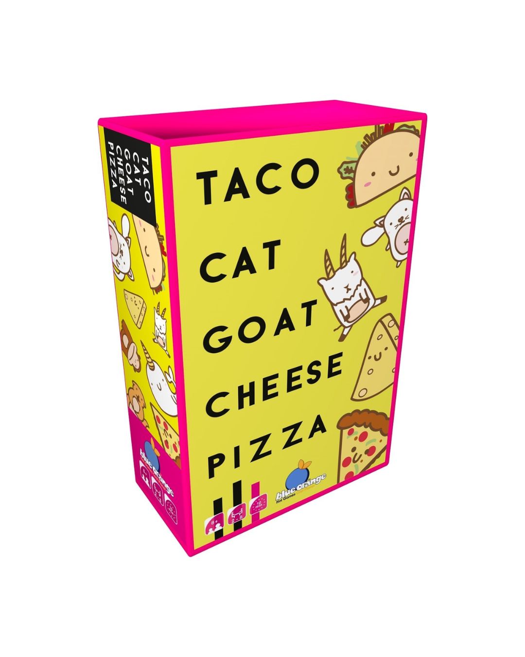 Box of 'Taco Cat Goat Cheese Pizza' with colorful design on a white background
