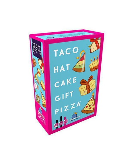 Colorful box with illustrations of a taco, cake, gift, and pizza on a blue background
