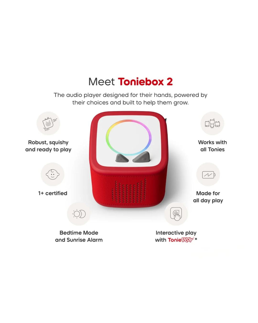 Red Toniebox 2 audio player with features listed on a white background