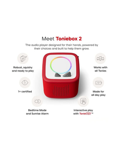 Red Toniebox 2 audio player with features listed on a white background