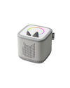 Gray electronic device with speaker grille and colorful display on a white background