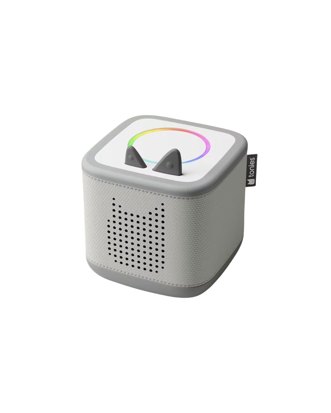 Gray electronic device with speaker grille and colorful display on a white background