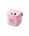 Pink electronic device with a colorful display on a white background