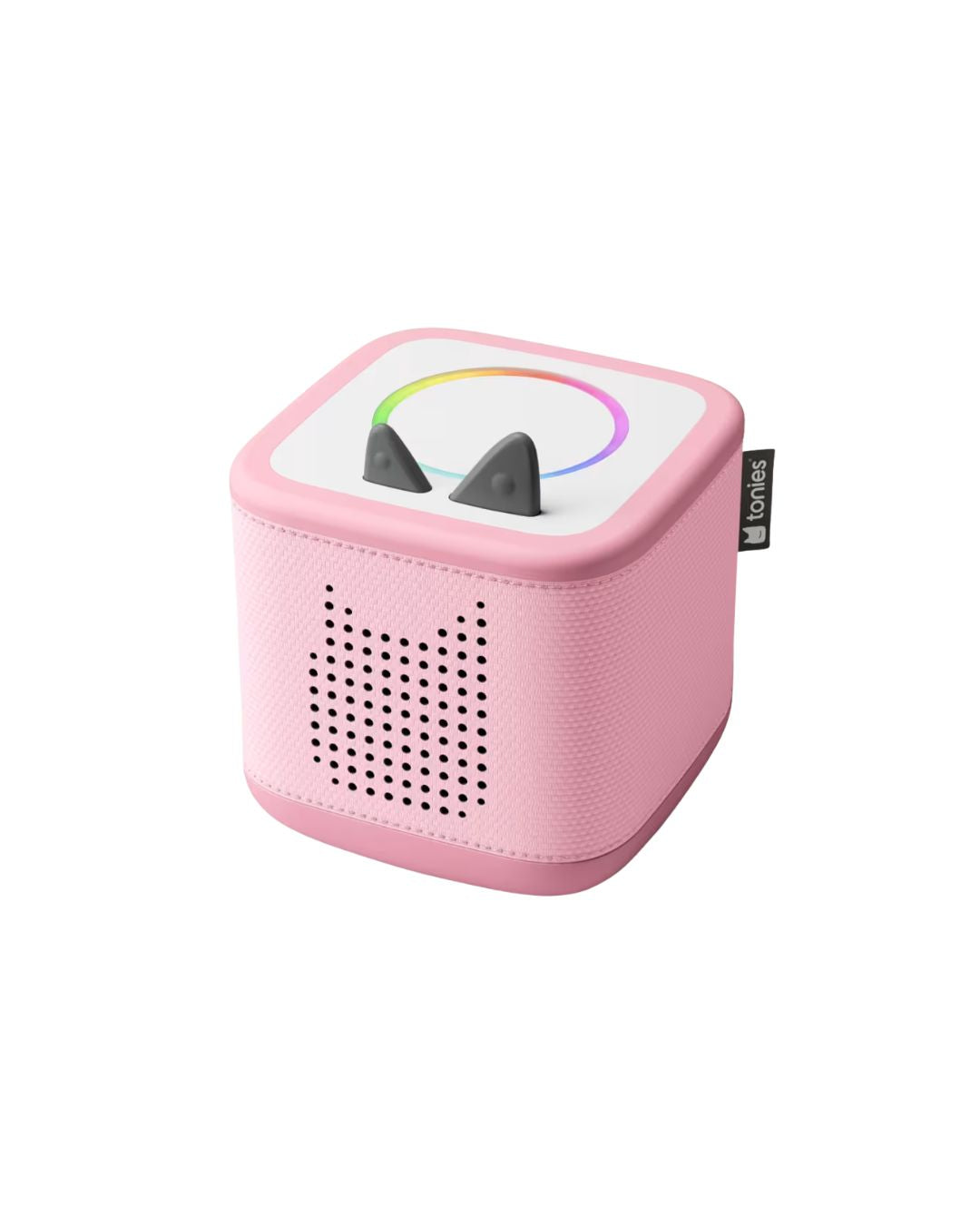 Pink electronic device with a colorful display on a white background