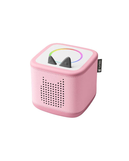 Pink electronic device with a colorful display on a white background