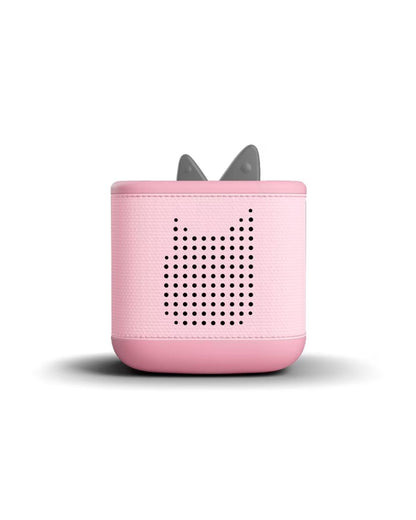 Pink portable speaker with cat ears on a white background