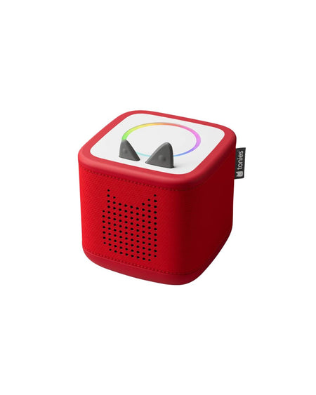 Red electronic device with a white top on a white background