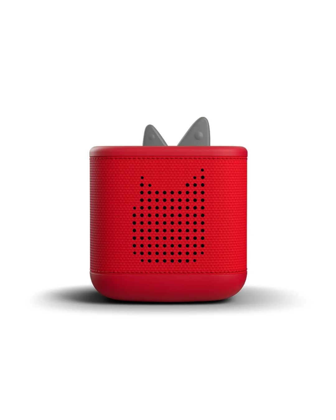 Red portable speaker with a white background