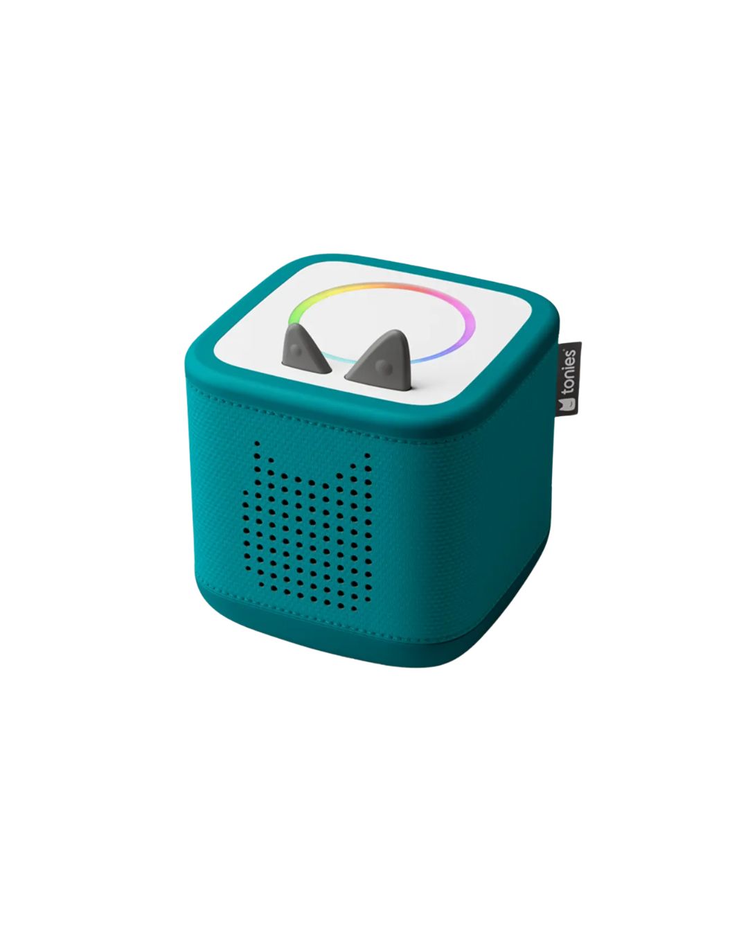 Teal square-shaped device with a colorful light on a white background