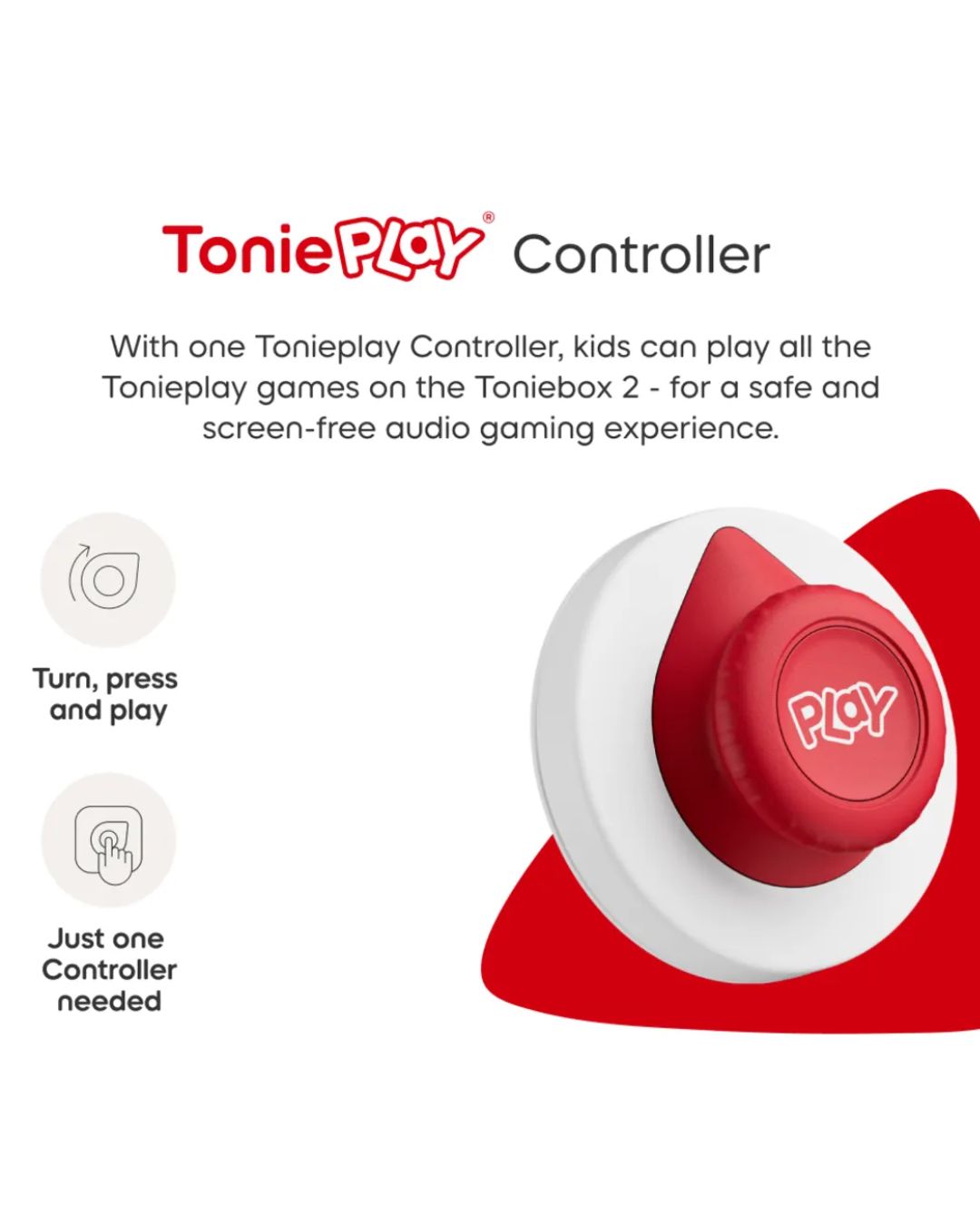 ToniePlay Controller with red and white design on a white background