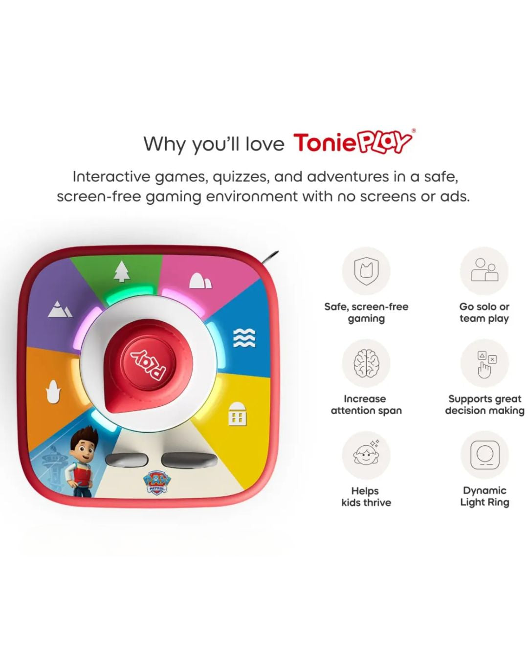 ToniePlay device with features listed on a white background