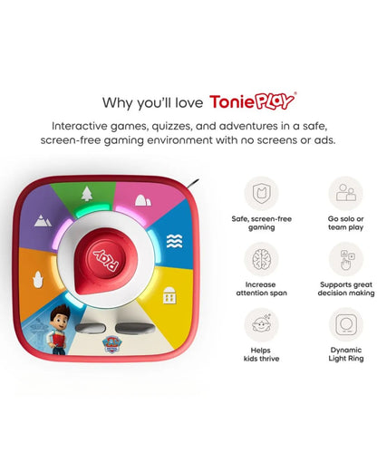 ToniePlay device with features listed on a white background