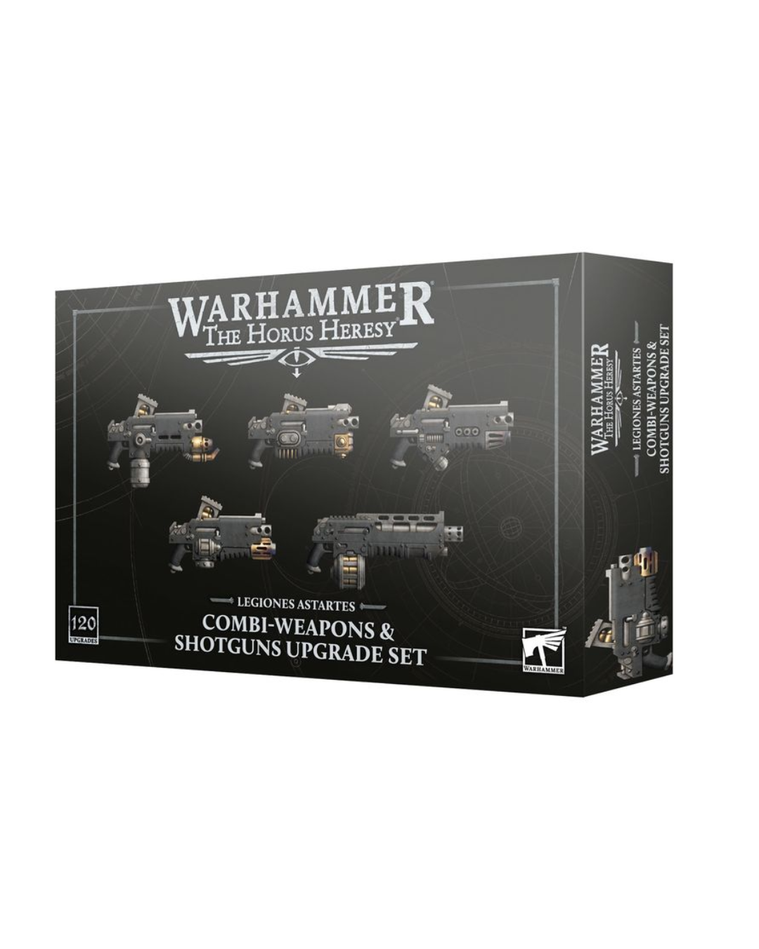 Warhammer: The Horus Heresy Combis-weapons & Shotguns Upgrade Set box, featuring five different sci-fi style blasters and shotguns on a black background.