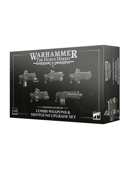 Warhammer: The Horus Heresy Combis-weapons & Shotguns Upgrade Set box, featuring five different sci-fi style blasters and shotguns on a black background.