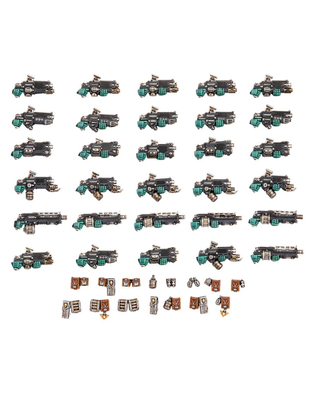 A set of Warhammer accessories arranged in rows on a plain white background. The blasters are primarily black and silver with teal accents, and the accessories below include small brown and silver terrain pieces.