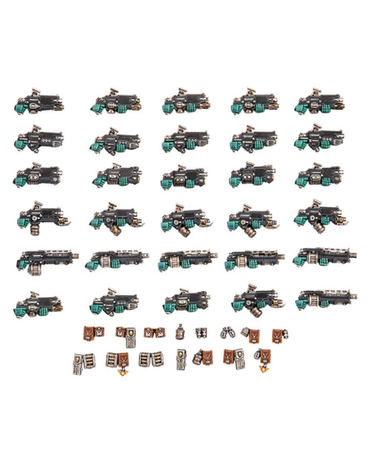A set of Warhammer accessories arranged in rows on a plain white background. The blasters are primarily black and silver with teal accents, and the accessories below include small brown and silver terrain pieces.