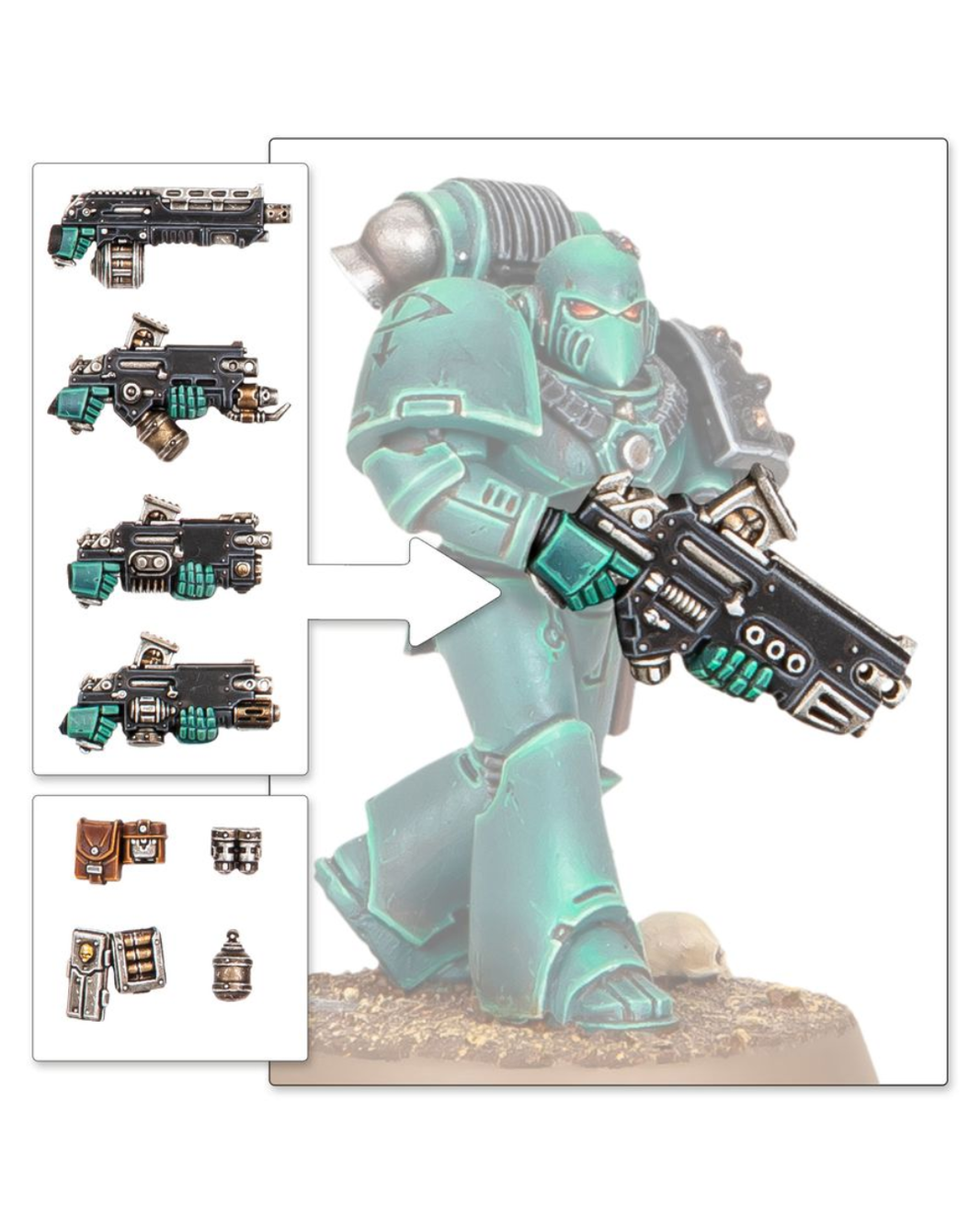 A Warhammer miniature figure in teal armor holding a large black and teal weapon, shown on a white background with inset views of alternate weapons and accessories.