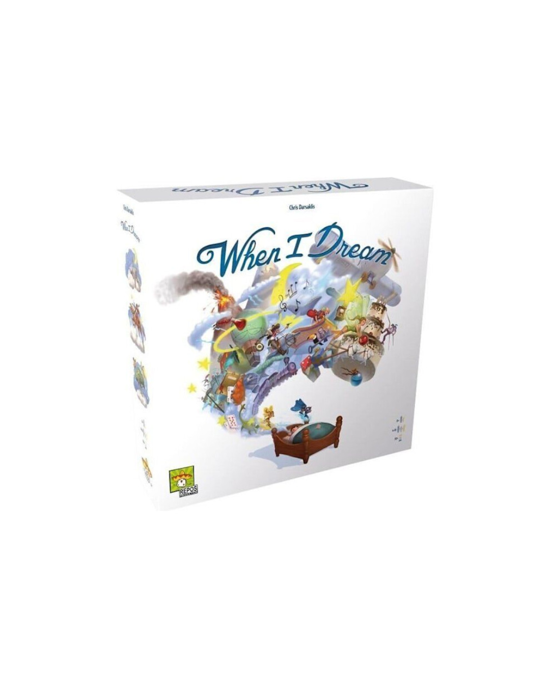 The board game box for 'When I Dream' by Scott Walker, featuring a white background with a colorful, whimsical illustration of a dreamlike scene and a small bed in the foreground.