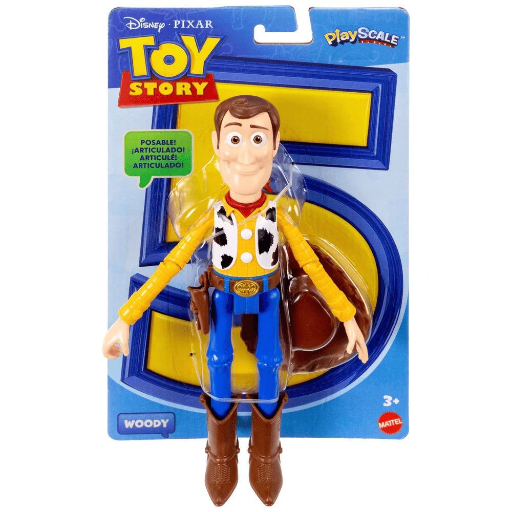 Toy Story Woody figure in packaging with '5' on a blue background