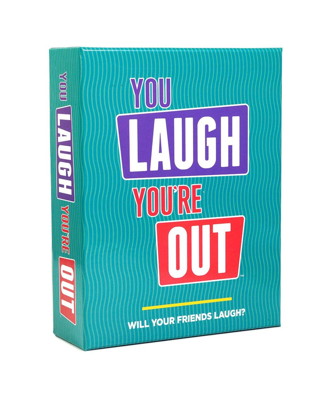 you laugh youre out boardgame box in front of plain white background