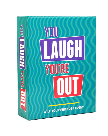 you laugh youre out boardgame box in front of plain white background